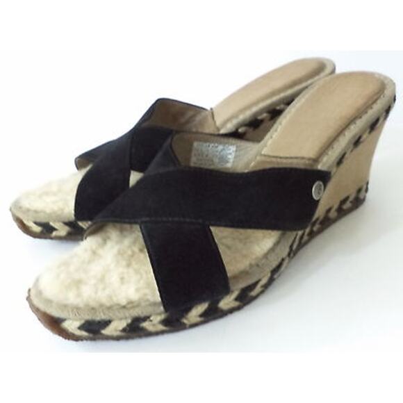 UGG AUSTRALIA MARGOT BLACK IVORY NUBUCK SHEARLING WEDGE SLIDE SHOE EUR 41 US 10M - Picture 1 of 8